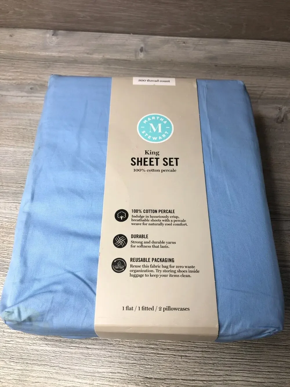 MARTHA STEWART 100% Cotton Percale King Sheet Set 4 Piece Blue